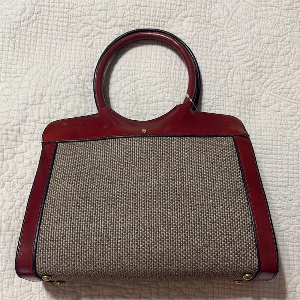 Etienne Aigner Red and Brown Satchel Bag with Structured Design